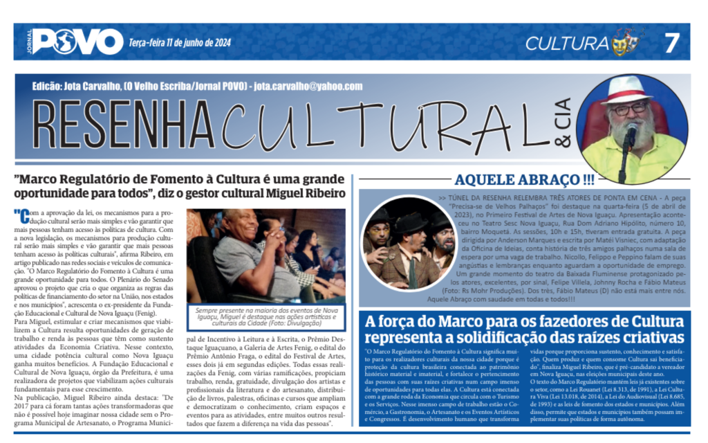 Artigo sobre o Marco Regulatório foi destaque no Jornal O Povo. Seção: Cultura. Página: 7. Edição: 11 de junho de 2024